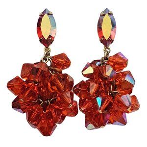 Lewis Segal Orange Rhinestone Clip On Bicone AB Dangle Earrings Signed C933